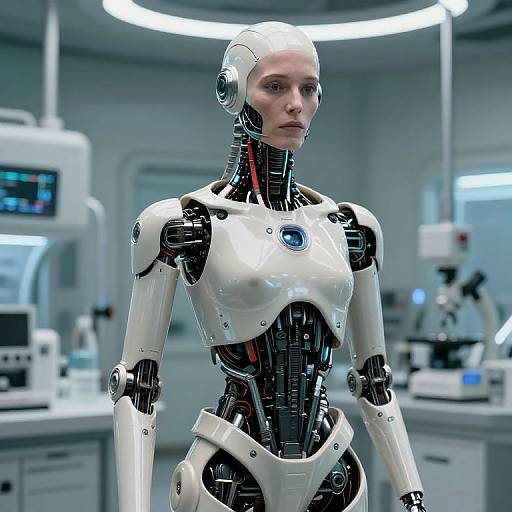 Photorealistic CGI of a female humanoid robot with white and black metallic joints, standing in a futuristic laboratory with blurred scientific equipment in the background.
