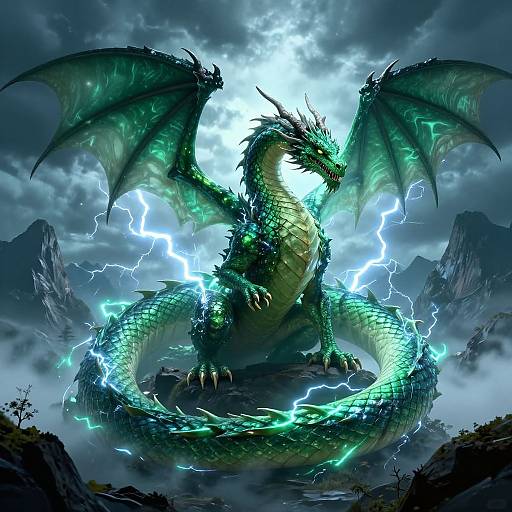 Digital artwork of a powerful, green dragon with glowing blue accents, lightning bolts, and large wings, standing on a rocky mountain peak amid stormy clouds