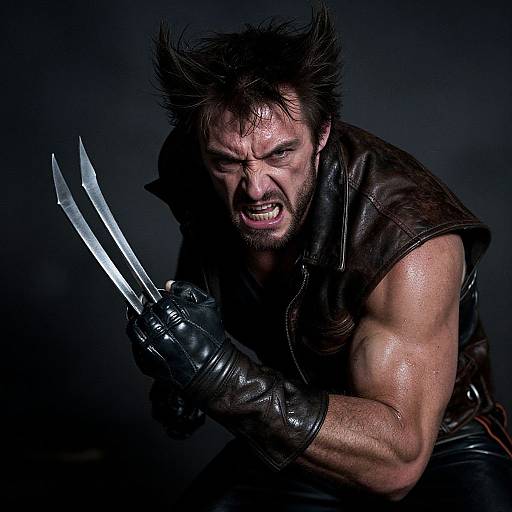 Photograph of a fierce, muscular man with spiked black hair, wearing a dark leather vest and gloves, gripping three sharp knives, snarling intensely