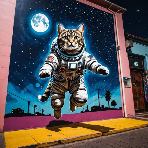 Street Mural of Cat Astronaut at Night