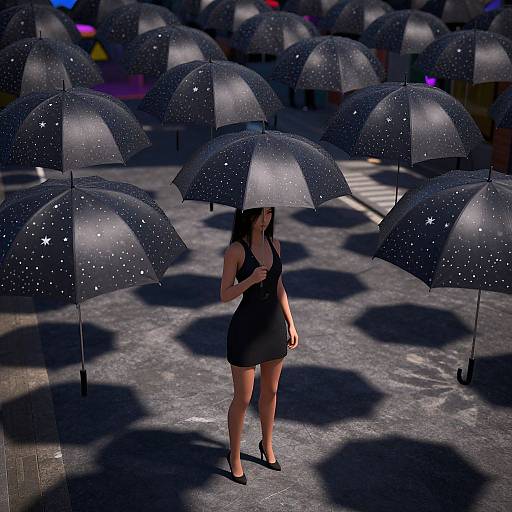 Photograph-like CGI of a woman in a black dress and heels standing among numerous black umbrellas with star patterns on a dark, wet, urban street