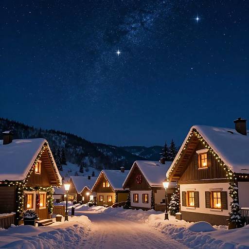 Snowy Village Under Starry Christmas Night Sky