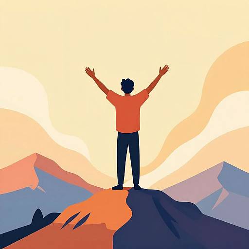 Digital illustration of a silhouetted person with arms raised, standing on a rocky mountain peak at sunset, surrounded by colorful mountains.