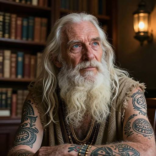 Photograph of an elderly white man with long white hair, full beard, blue eyes, and extensive arm tattoos, seated in a dimly lit library