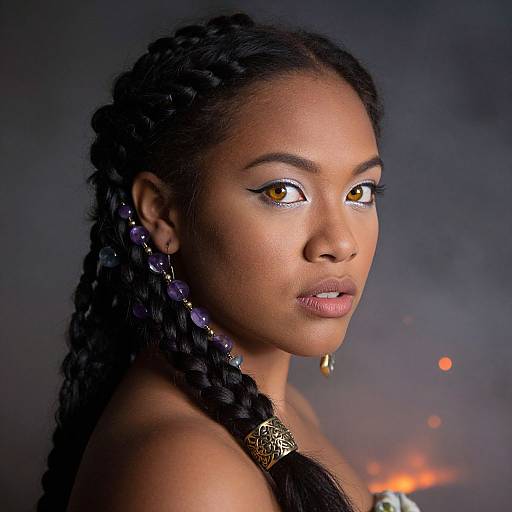 Photograph of a beautiful Black woman with braided hair, golden eyes, and purple earrings, against a smoky, dimly lit background.