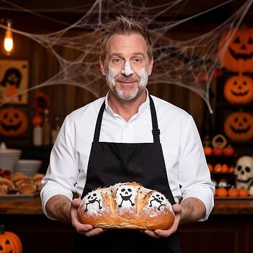Middle-aged man with gray beard, white shirt, black apron, holding Halloween-themed pumpkin bread. Background: spider webs, jack-o'-lantern