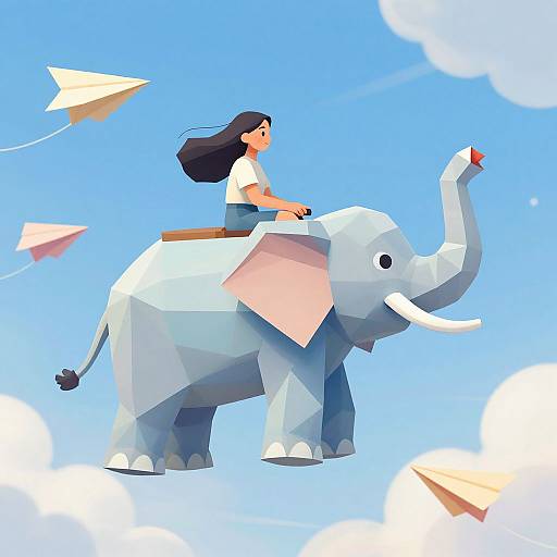 Digital illustration of a young woman with long black hair riding a white, polygonal elephant against a bright blue sky, with flying paper planes. Whims