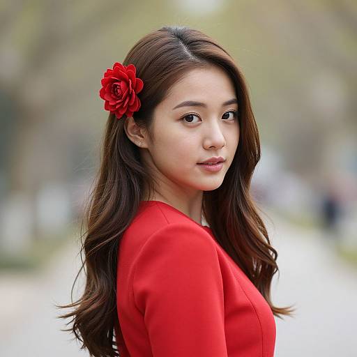 Photograph of an Asian woman with long, wavy brown hair, wearing a red dress, and a red flower in her hair, softly smiling,