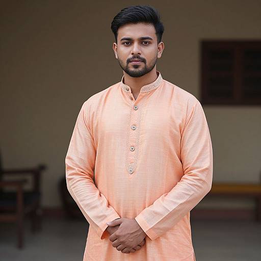 Photograph of a young South Asian man with short black hair and beard, wearing an orange traditional long kurta, standing indoors with hands clasped.