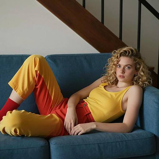Young Woman Relaxing on Blue Couch