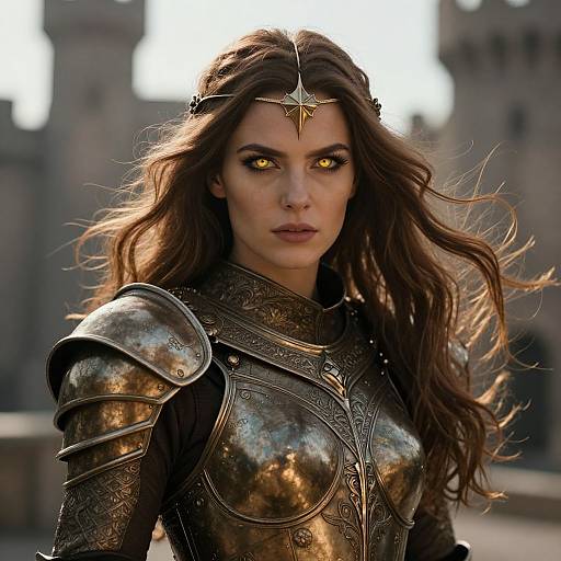 CGI image of a fierce, long-haired woman with glowing yellow eyes, wearing ornate, golden armor and a star-shaped forehead ornament, standing against