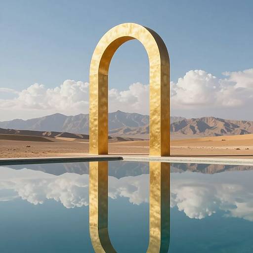 Golden arch standing in a desert landscape, reflected in a still, mirror-like pool under a clear blue sky with white clouds.