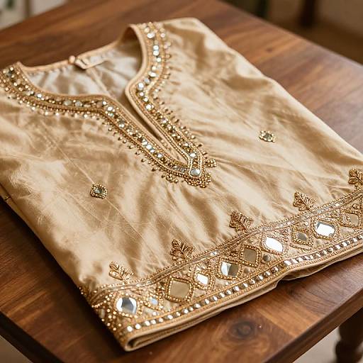 Photograph of an elegant, gold-embroidered, beige silk kurta with intricate beadwork and sequins, neatly folded on a wooden table
