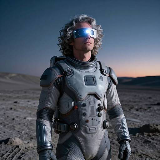 Photograph of a curly-haired man in futuristic silver space armor with glowing blue visor, standing in a desolate, rocky desert at twilight.