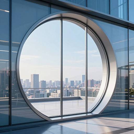 Photograph of a modern office building with a large circular glass window, showcasing a clear, bright sky and a city skyline with tall buildings in the background