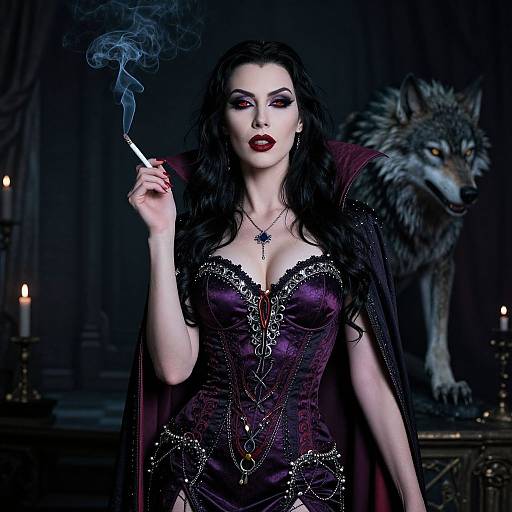 Dark gothic photograph of pale woman with black hair, deep red lips, purple corset, smoking cigarette, standing before a fierce wolf.