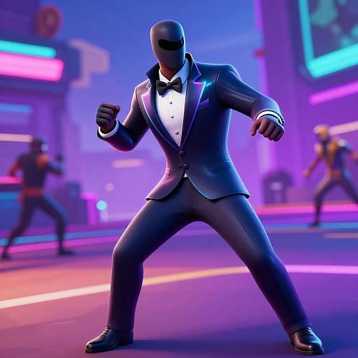 CGI image of a faceless, masked man in a black tuxedo, fighting stance, with neon pink and blue cityscape background.