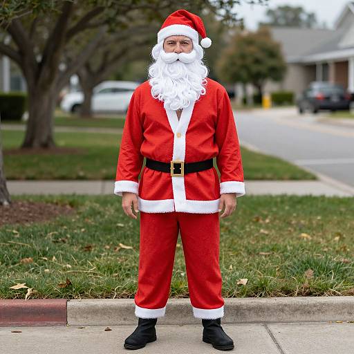 Photograph of a man in a full Santa Claus costume, including red suit, white fur trim, black belt, black boots, and Santa hat,