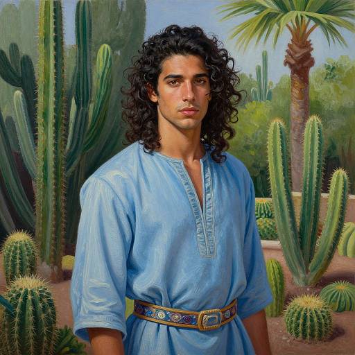 Digital painting of a curly-haired, brown-eyed man in a light blue tunic, standing in a cactus desert with palm trees.