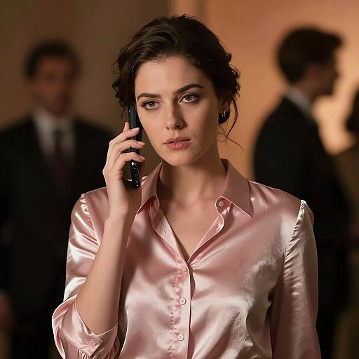 Woman in Pink Blouse on Phone