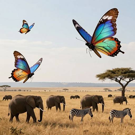 Photograph of vibrant blue and orange butterflies flying over a savanna with elephants, zebras, and an acacia tree under a clear sky.