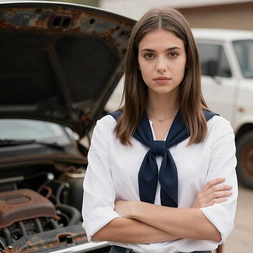 Confident Woman by Rusted Car Engine