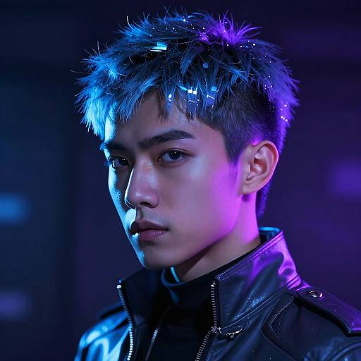 Photograph of a young Asian man with spiky blue and purple hair, illuminated by neon lights, wearing a black leather jacket, looking serious against a