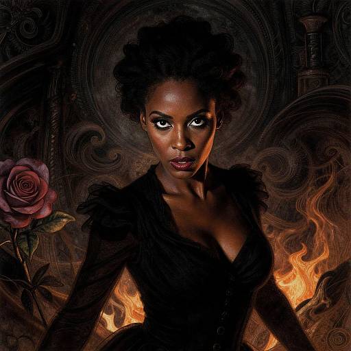 Dark, mystical portrait of a beautiful black woman with glowing eyes, voluminous afro, black dress, and rose, set against swirling flames and orn