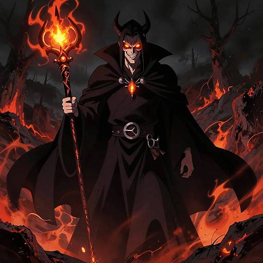 Digital illustration of a dark, menacing demon with glowing red eyes, black horns, and a fiery staff, standing amidst a volcanic landscape with bright red and