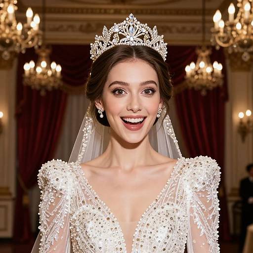 Photograph of a smiling young woman with fair skin, dark brown hair in an updo, wearing a sparkling tiara, veil, and intricate white