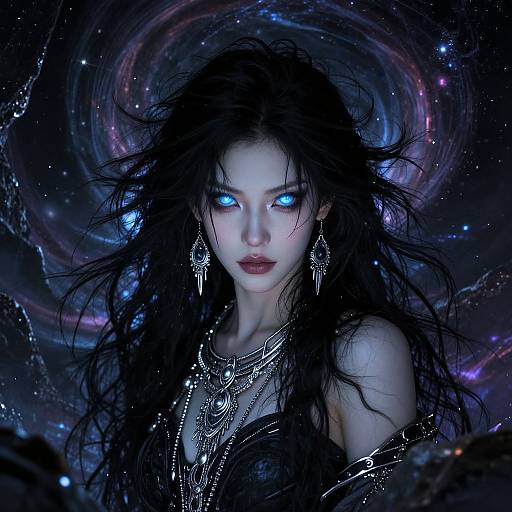 Digital fantasy artwork of a pale-skinned woman with glowing blue eyes, black wild hair, intricate jewelry, and dark cosmic background.