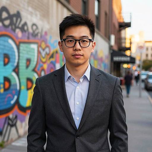 Photograph of an Asian man with short black hair, glasses, wearing a dark gray suit and white shirt, standing in front of a graffiti-covered brick