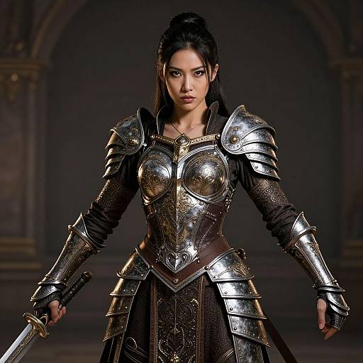 Photorealistic digital artwork of an Asian woman with dark hair in detailed, silver medieval armor, holding a sword, standing confidently in a dimly lit
