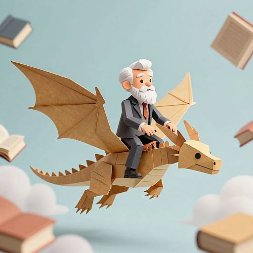 Cartoon-style digital image of a white-bearded man in a black suit riding a brown paper dragon through a bright blue sky with floating books.