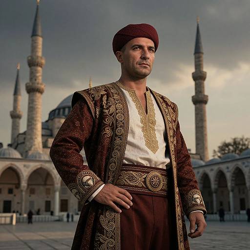 Photograph of a handsome man in ornate brown traditional Ottoman attire, maroon cap, standing in front of a grand mosque with multiple minarets