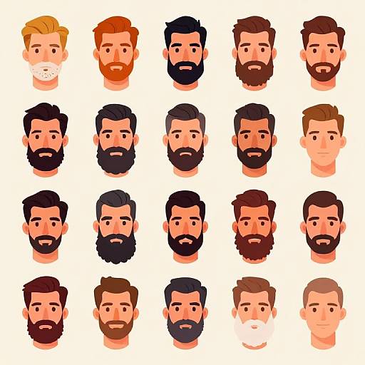 Digital illustration of 16 diverse male faces, each with varying beards, hair colors, and styles, arranged in a 4x4 grid.