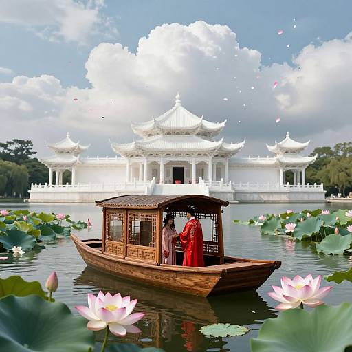 Photograph of a serene Asian temple with white, pagoda-style architecture, reflected in a calm lake. A wooden boat with a person in red robes