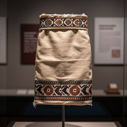 Photograph of a beige, intricately embroidered fabric with red, black, and white geometric patterns, displayed on a stand in a dimly lit museum