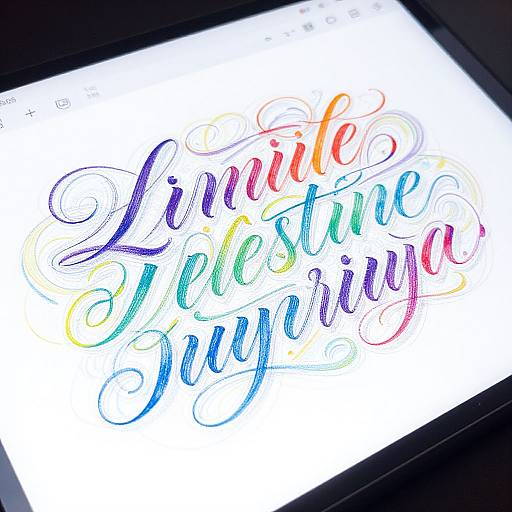 Photograph of a white digital screen displaying colorful, cursive text 