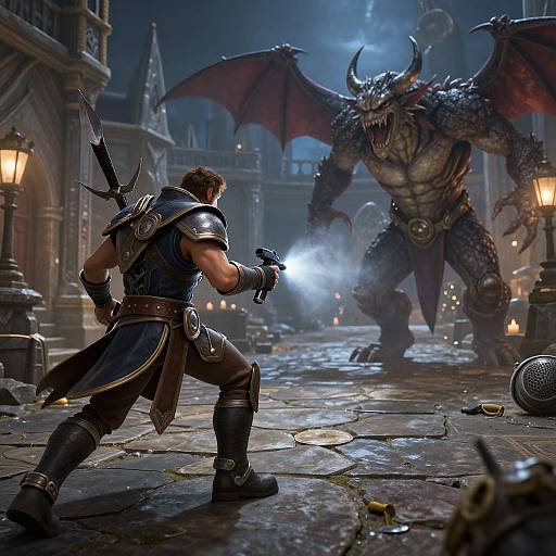 CGI fantasy battle: Muscular warrior in dark armor shoots a glowing pistol at a towering, winged demon with sharp teeth and claws in a dim