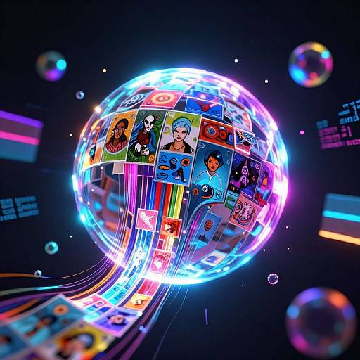 Digital artwork of a glowing, colorful, pixelated disco ball featuring various vibrant, comic-style portraits in a dark, futuristic background.