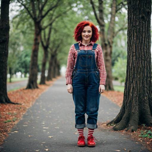 Cheerful Woman in Red Plaid Shirt and Overalls Outdoors