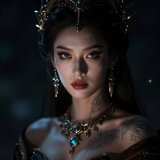 Digital artwork of a dark-haired, tattooed woman with glowing blue jewelry, intricate crown, and intense gaze, set against a dark, blue-lit
