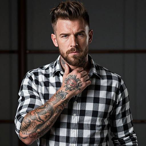 Tattooed Man in Checkered Shirt