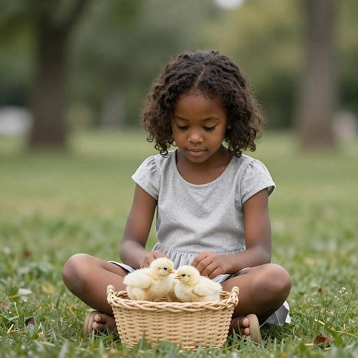 Young Girl Sitting on Grass with Basket of Chicks