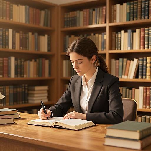 Photograph of a focused, dark-haired woman in a black blazer, writing in an open book at a wooden library table.