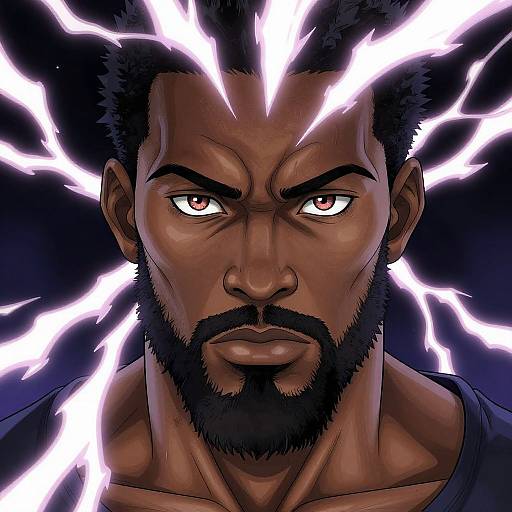 Digital drawing of a muscular, dark-skinned man with intense brown eyes, black beard, and lightning bolts radiating from his head.