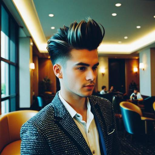 Young man with pompadour fade hairstyle in hotel lobby