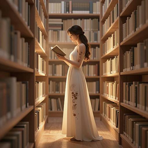 Photograph of a woman in a white, floral-embroidered gown, reading a book in a sunlit, wooden library aisle.