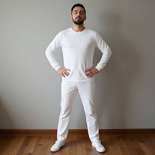 Photograph of a bearded, dark-haired man in white long-sleeve shirt and pants, standing confidently with hands on hips, against a plain